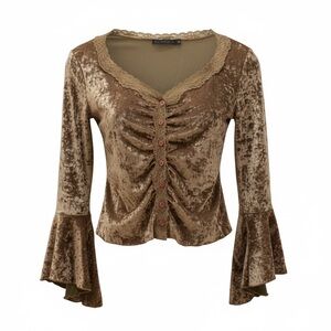 GUESS COLLECTION Vintage Y2K Crushed Velvet Gold Velour Top with Heart Buttons